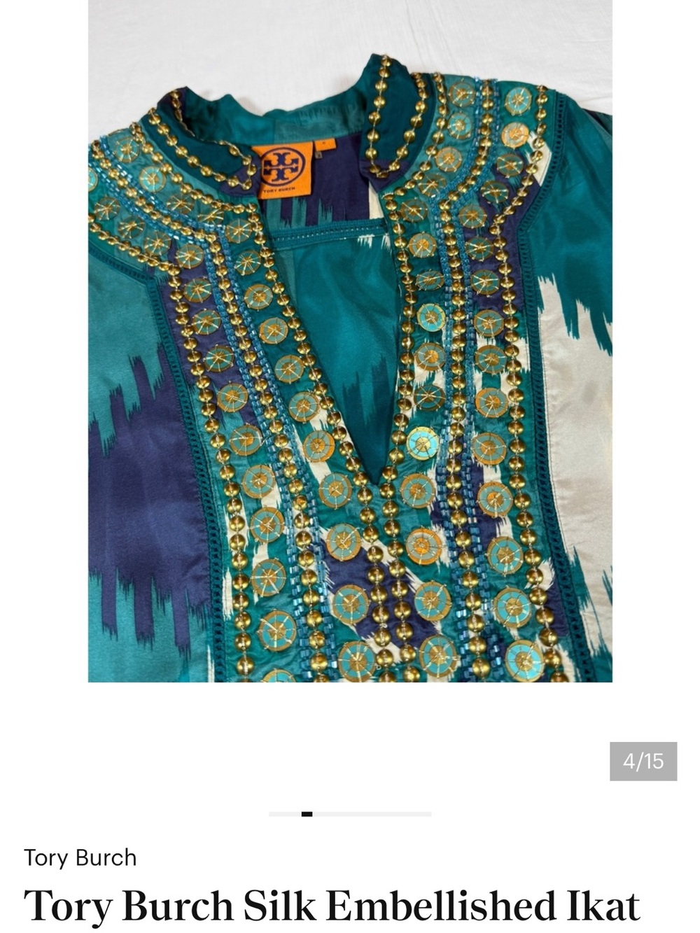 Tory Burch Teal, Navy & Gold Embellished Silk Tunic